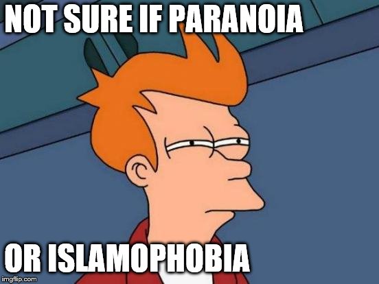 Futurama Fry Meme | NOT SURE IF PARANOIA OR ISLAMOPHOBIA | image tagged in memes,futurama fry | made w/ Imgflip meme maker