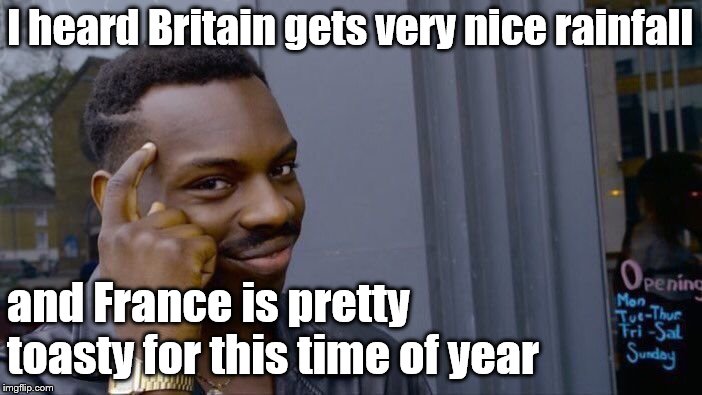 Roll Safe Think About It Meme | I heard Britain gets very nice rainfall and France is pretty toasty for this time of year | image tagged in memes,roll safe think about it | made w/ Imgflip meme maker