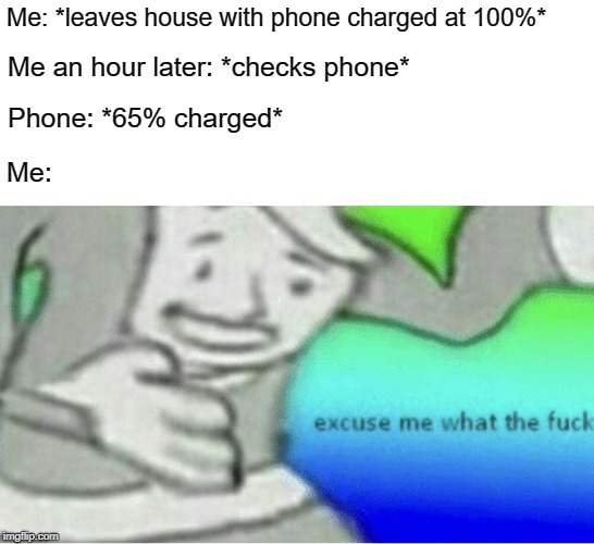 Where the actually F did 35% just go?! | Me: *leaves house with phone charged at 100%*; Me an hour later: *checks phone*; Phone: *65% charged*; Me: | image tagged in excuse me wtf blank template,iphone,battery | made w/ Imgflip meme maker