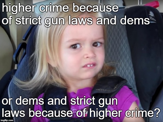 Huh? | higher crime because of strict gun laws and dems or dems and strict gun laws because of higher crime? | image tagged in huh | made w/ Imgflip meme maker