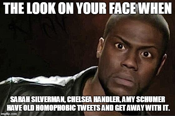 Kevin Hart | THE LOOK ON YOUR FACE WHEN; SARAH SILVERMAN, CHELSEA HANDLER, AMY SCHUMER HAVE OLD HOMOPHOBIC TWEETS AND GET AWAY WITH IT. | image tagged in memes,kevin hart,liberal hypocrisy | made w/ Imgflip meme maker