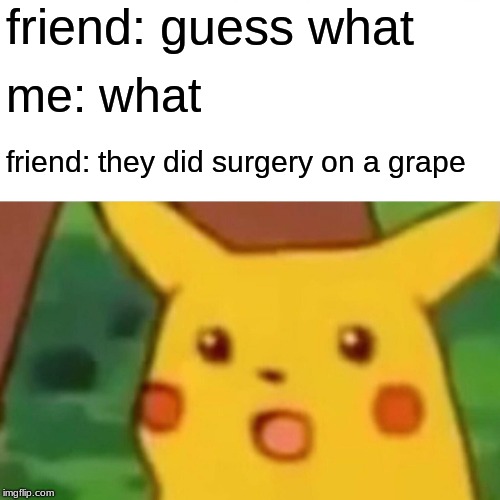 Surprised Pikachu | friend: guess what; me: what; friend: they did surgery on a grape | image tagged in memes,surprised pikachu | made w/ Imgflip meme maker