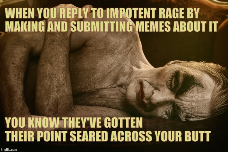 WHEN YOU REPLY TO IMPOTENT RAGE BY  MAKING AND SUBMITTING MEMES ABOUT IT YOU KNOW THEY'VE GOTTEN       THEIR POINT SEARED ACROSS YOUR BUTT | made w/ Imgflip meme maker