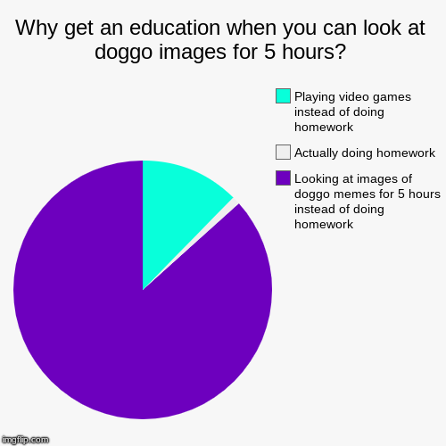 Why get an education when you can look at doggo images for 5 hours? | Looking at images of doggo memes for 5 hours instead of doing homework | image tagged in funny,pie charts | made w/ Imgflip chart maker