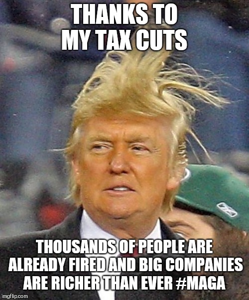 Donald Trumph hair | THANKS TO MY TAX CUTS; THOUSANDS OF PEOPLE ARE ALREADY FIRED AND BIG COMPANIES ARE RICHER THAN EVER #MAGA | image tagged in donald trumph hair | made w/ Imgflip meme maker