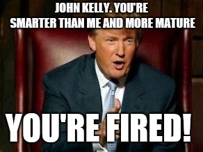 Donald Trump |  JOHN KELLY. YOU'RE SMARTER THAN ME AND MORE MATURE; YOU'RE FIRED! | image tagged in donald trump | made w/ Imgflip meme maker