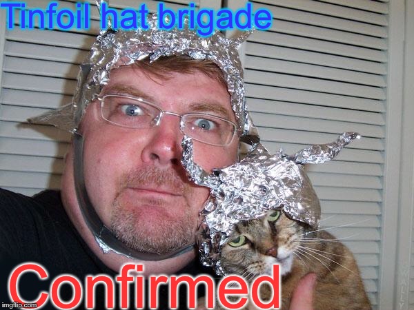 tin foil hat | Tinfoil hat brigade Confirmed | image tagged in tin foil hat | made w/ Imgflip meme maker