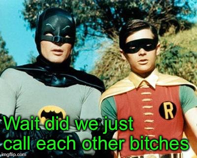 Batman and Robin | Wait did we just call each other b**ches | image tagged in batman and robin | made w/ Imgflip meme maker