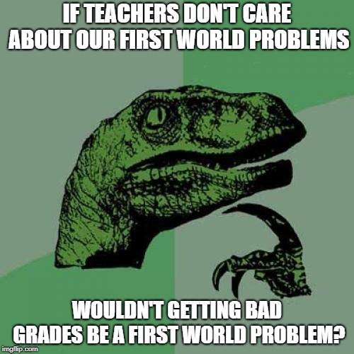 First World Problems | IF TEACHERS DON'T CARE ABOUT OUR FIRST WORLD PROBLEMS; WOULDN'T GETTING BAD GRADES BE A FIRST WORLD PROBLEM? | image tagged in memes,philosoraptor | made w/ Imgflip meme maker