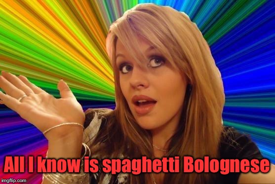 Dumb Blonde Meme | All I know is spaghetti Bolognese | image tagged in memes,dumb blonde | made w/ Imgflip meme maker