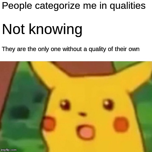 Surprised Pikachu Meme | People categorize me in qualities; Not knowing; They are the only one without a quality of their own | image tagged in memes,surprised pikachu | made w/ Imgflip meme maker