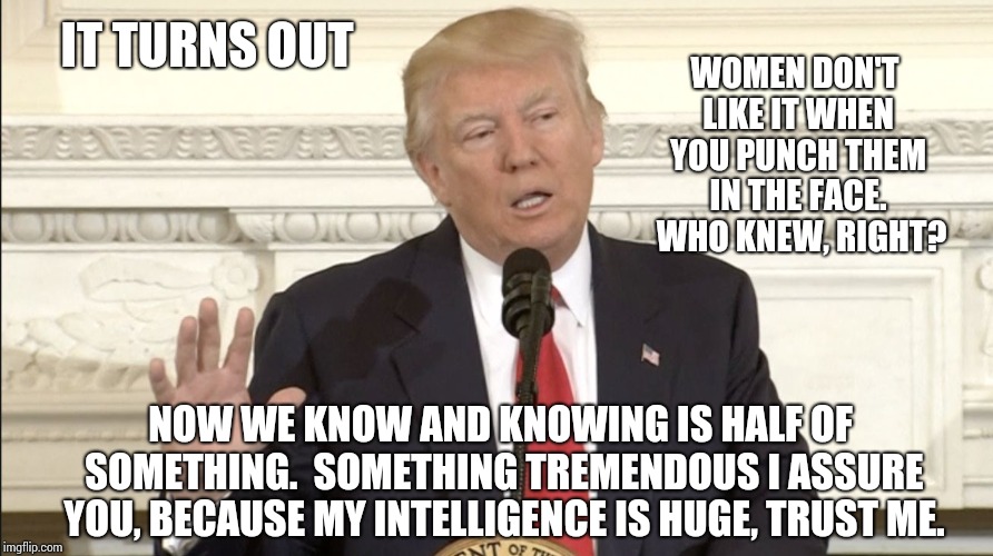 Who Knew It Was So Complicated? | IT TURNS OUT; WOMEN DON'T LIKE IT WHEN YOU PUNCH THEM IN THE FACE.  WHO KNEW, RIGHT? NOW WE KNOW AND KNOWING IS HALF OF SOMETHING.  SOMETHING TREMENDOUS I ASSURE YOU, BECAUSE MY INTELLIGENCE IS HUGE, TRUST ME. | image tagged in who knew trump,memes,meme,donald trump is an idiot,trump is an asshole,sexist | made w/ Imgflip meme maker