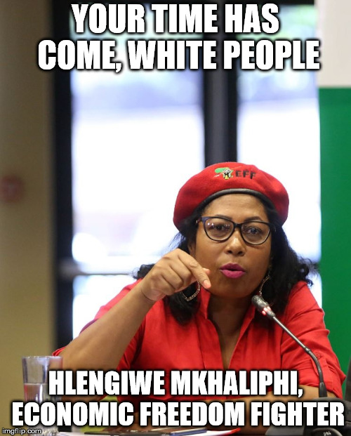 YOUR TIME HAS COME, WHITE PEOPLE; HLENGIWE MKHALIPHI, ECONOMIC FREEDOM FIGHTER | image tagged in hlengiwe mkhaliphi | made w/ Imgflip meme maker