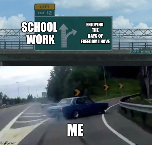 Left Exit 12 Off Ramp Meme | SCHOOL WORK; ENJOYING THE DAYS OF FREEDOM I HAVE; ME | image tagged in memes,left exit 12 off ramp | made w/ Imgflip meme maker