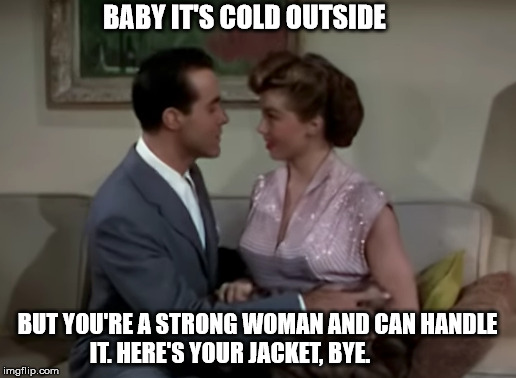 2018 updated Christmas song to be non offensive. | BABY IT'S COLD OUTSIDE; BUT YOU'RE A STRONG WOMAN AND CAN HANDLE IT. HERE'S YOUR JACKET, BYE. | image tagged in pc,christmas,safe space | made w/ Imgflip meme maker