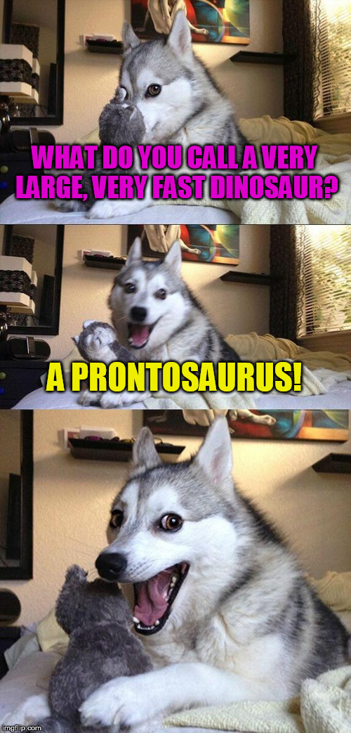 Bad Pun Dog Meme | WHAT DO YOU CALL A VERY LARGE, VERY FAST DINOSAUR? A PRONTOSAURUS! | image tagged in memes,bad pun dog | made w/ Imgflip meme maker