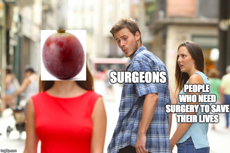 surgery on a grape  | SURGEONS; PEOPLE WHO NEED SURGERY TO SAVE THEIR LIVES | image tagged in memes,distracted boyfriend,they did surgery on a grape,grape,funny,surgery | made w/ Imgflip meme maker