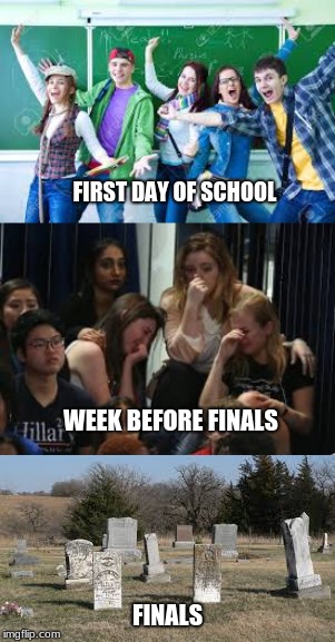 FIRST DAY OF SCHOOL; WEEK BEFORE FINALS; FINALS | image tagged in finals week | made w/ Imgflip meme maker