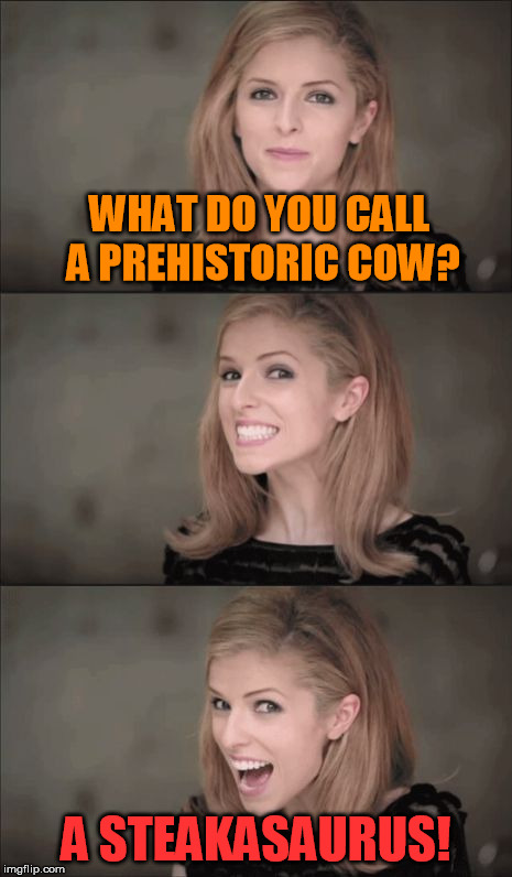 Bad Pun Anna Kendrick Meme | WHAT DO YOU CALL A PREHISTORIC COW? A STEAKASAURUS! | image tagged in memes,bad pun anna kendrick | made w/ Imgflip meme maker