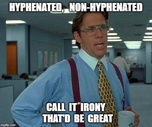 That Would Be Great Meme | HYPHENATED,   NON-HYPHENATED; CALL  IT  IRONY  THAT'D  BE  GREAT | image tagged in memes,that would be great | made w/ Imgflip meme maker