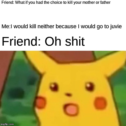 Watch your profanity | Friend: What if you had the choice to kill your mother or father; Me:I would kill neither because I would go to juvie; Friend: Oh shit | image tagged in memes,surprised pikachu | made w/ Imgflip meme maker