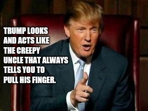 Donald Trump | TRUMP LOOKS AND ACTS LIKE THE CREEPY UNCLE THAT ALWAYS TELLS YOU TO PULL HIS FINGER. | image tagged in donald trump | made w/ Imgflip meme maker