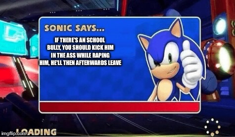 Sonic Says | IF THERE'S AN SCHOOL BULLY, YOU SHOULD KICK HIM IN THE ASS WHILE RAPING HIM, HE'LL THEN AFTERWARDS LEAVE | image tagged in sonic says | made w/ Imgflip meme maker