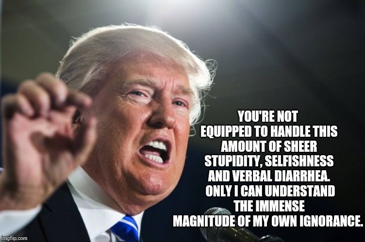 Stupid Does | YOU'RE NOT EQUIPPED TO HANDLE THIS AMOUNT OF SHEER STUPIDITY, SELFISHNESS AND VERBAL DIARRHEA.  ONLY I CAN UNDERSTAND THE IMMENSE MAGNITUDE OF MY OWN IGNORANCE. | image tagged in donald trump,memes,meme,donald trump is an idiot,trump is a moron,trump is an asshole | made w/ Imgflip meme maker