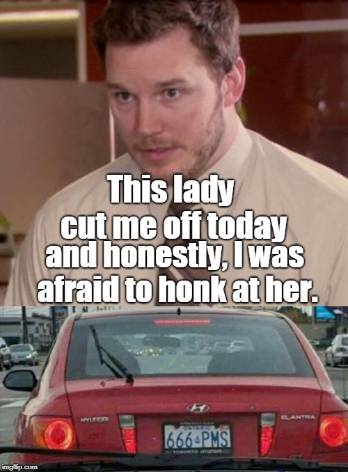 I would be too... | This lady cut me off today; and honestly, I was afraid to honk at her. | image tagged in memes,afraid to ask andy closeup,women drivers,pms,license plate | made w/ Imgflip meme maker