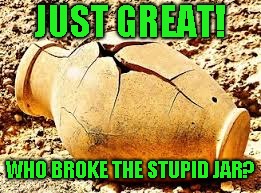 Semi-private joke  | JUST GREAT! WHO BROKE THE STUPID JAR? | image tagged in joke | made w/ Imgflip meme maker