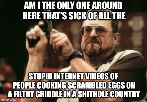 Am I The Only One Around Here | AM I THE ONLY ONE AROUND HERE THAT’S SICK OF ALL THE; STUPID INTERNET VIDEOS OF PEOPLE COOKING SCRAMBLED EGGS ON A FILTHY GRIDDLE IN A SHITHOLE COUNTRY | image tagged in memes,am i the only one around here,social media,salmonella,dysentery,e coli | made w/ Imgflip meme maker