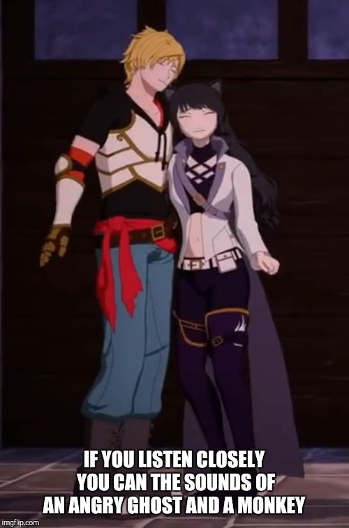 Rwby June and Blake | IF YOU LISTEN CLOSELY YOU CAN THE SOUNDS OF AN ANGRY GHOST AND A MONKEY | image tagged in rwby june and blake | made w/ Imgflip meme maker
