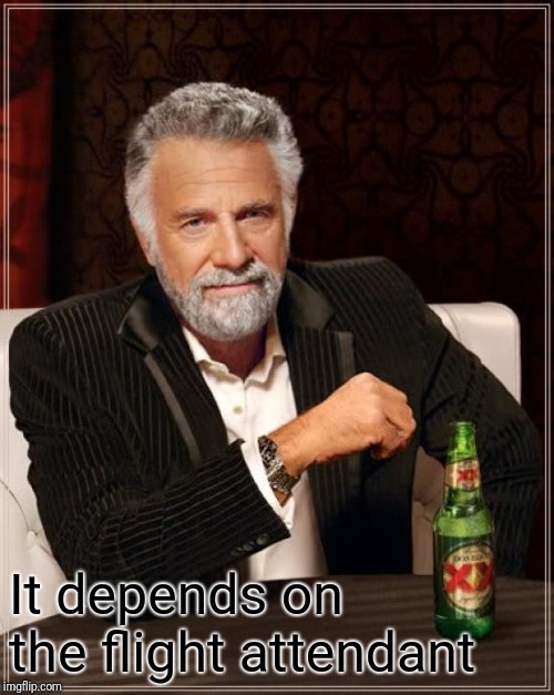 The Most Interesting Man In The World Meme | It depends on the flight attendant | image tagged in memes,the most interesting man in the world | made w/ Imgflip meme maker
