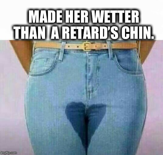 Wet pants | MADE HER WETTER THAN 
A RETARD’S CHIN. | image tagged in wet pants | made w/ Imgflip meme maker
