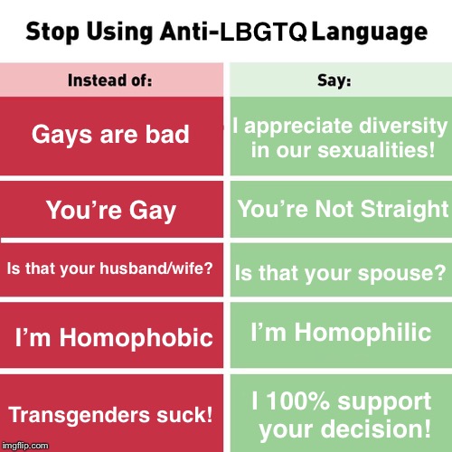 Stop Using Anti-LBGTQ Language. | LBGTQ; Gays are bad; I appreciate diversity in our sexualities! You’re Not Straight; You’re Gay; Is that your husband/wife? Is that your spouse? I’m Homophilic; I’m Homophobic; I 100% support your decision! Transgenders suck! | image tagged in stop using anti-animal language,memes,gay pride,gay,transgender | made w/ Imgflip meme maker