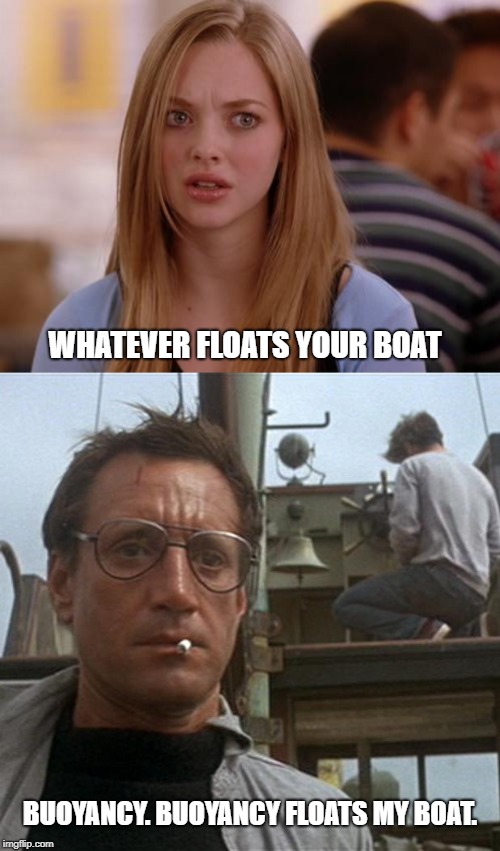 WHATEVER FLOATS YOUR BOAT; BUOYANCY. BUOYANCY FLOATS MY BOAT. | image tagged in memes,omg karen,jaws | made w/ Imgflip meme maker