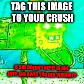 Glowing eyes | TAG THIS IMAGE TO YOUR CRUSH; IF SHE DOESN'T REPLY IN ONE JIFFY, SHE OWES YOU HER VIRGINITY | image tagged in glowing eyes | made w/ Imgflip meme maker