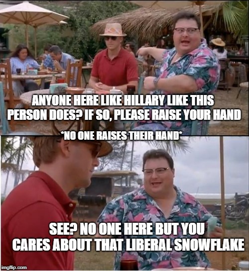 See Nobody Cares Meme |  ANYONE HERE LIKE HILLARY LIKE THIS PERSON DOES? IF SO, PLEASE RAISE YOUR HAND; *NO ONE RAISES THEIR HAND*; SEE? NO ONE HERE BUT YOU CARES ABOUT THAT LIBERAL SNOWFLAKE | image tagged in memes,see nobody cares | made w/ Imgflip meme maker