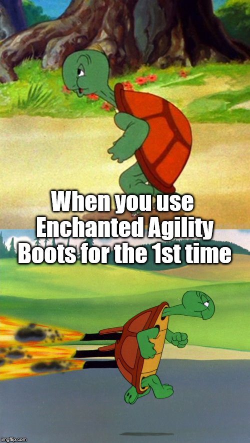 Boot Upgrade | When you use Enchanted Agility Boots for the 1st time | image tagged in memes,gaming,funny,cecil,tortoise | made w/ Imgflip meme maker