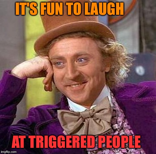 Creepy Condescending Wonka Meme | IT'S FUN TO LAUGH AT TRIGGERED PEOPLE | image tagged in memes,creepy condescending wonka | made w/ Imgflip meme maker