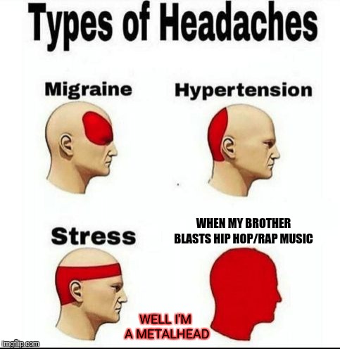 Types of Headaches meme | WHEN MY BROTHER BLASTS HIP HOP/RAP MUSIC; WELL I'M A METALHEAD | image tagged in types of headaches meme | made w/ Imgflip meme maker