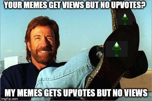 Chuck Norris Says | YOUR MEMES GET VIEWS BUT NO UPVOTES? MY MEMES GETS UPVOTES BUT NO VIEWS | image tagged in chuck norris says | made w/ Imgflip meme maker