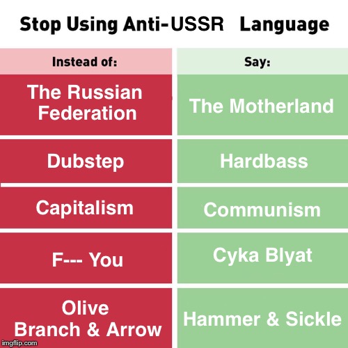 Stop Using Anti-Animal Language | USSR; The Russian Federation; The Motherland; Hardbass; Dubstep; Capitalism; Communism; Cyka Blyat; F--- You; Hammer & Sickle; Olive Branch & Arrow | image tagged in stop using anti-animal language,memes,russia | made w/ Imgflip meme maker