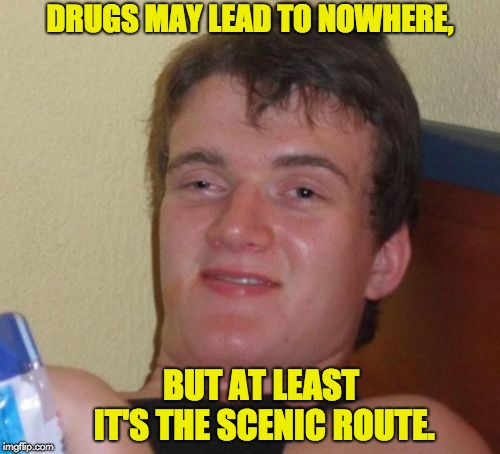 10 Guy Meme | DRUGS MAY LEAD TO NOWHERE, BUT AT LEAST IT'S THE SCENIC ROUTE. | image tagged in memes,10 guy | made w/ Imgflip meme maker