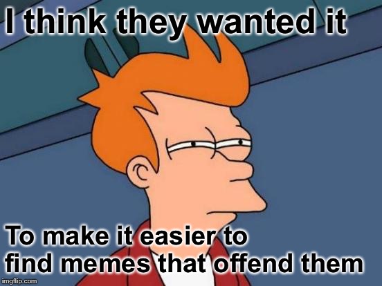 Futurama Fry Meme | I think they wanted it To make it easier to find memes that offend them | image tagged in memes,futurama fry | made w/ Imgflip meme maker