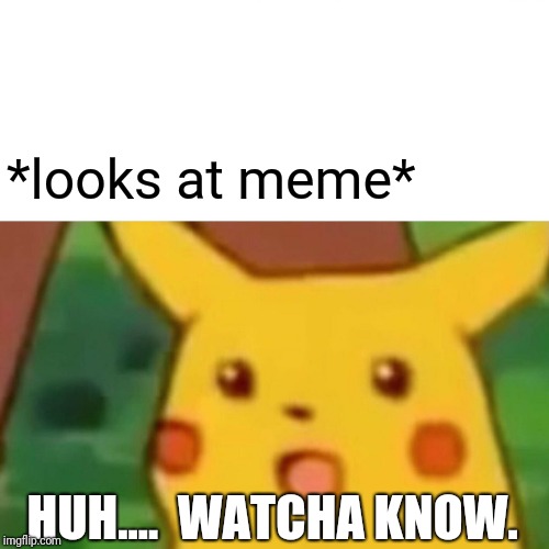 Surprised Pikachu Meme | *looks at meme* HUH....  WATCHA KNOW. | image tagged in memes,surprised pikachu | made w/ Imgflip meme maker