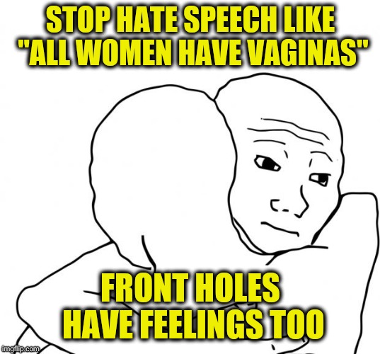 Fuck your feelings. Feeling fest | STOP HATE SPEECH LIKE "ALL WOMEN HAVE VAGINAS"; FRONT HOLES HAVE FEELINGS TOO | image tagged in memes,i know that feel bro,ewwww,feelings,funny,no just no | made w/ Imgflip meme maker