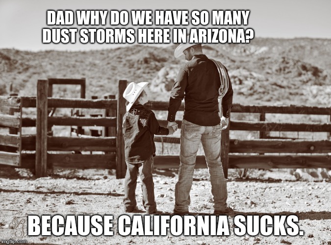 Arizona dust storms are no joke | DAD WHY DO WE HAVE SO MANY DUST STORMS HERE IN ARIZONA? BECAUSE CALIFORNIA SUCKS. | image tagged in cowboy father and son,arizona,california | made w/ Imgflip meme maker