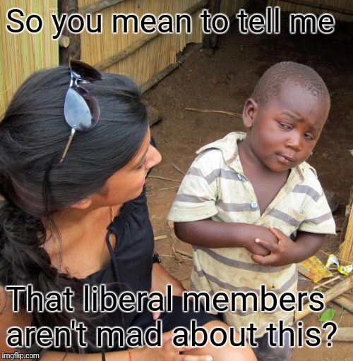 3rd World Sceptical Child | So you mean to tell me That liberal members aren't mad about this? | image tagged in 3rd world sceptical child | made w/ Imgflip meme maker