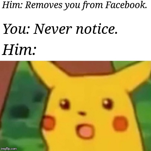Surprised Pikachu Meme | Him: Removes you from Facebook. You: Never notice. Him: | image tagged in memes,surprised pikachu | made w/ Imgflip meme maker
